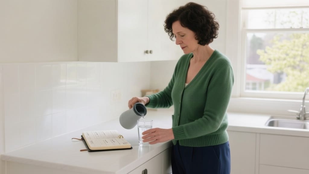 A woman pouring a glass of water at her kitchen counter in the morning