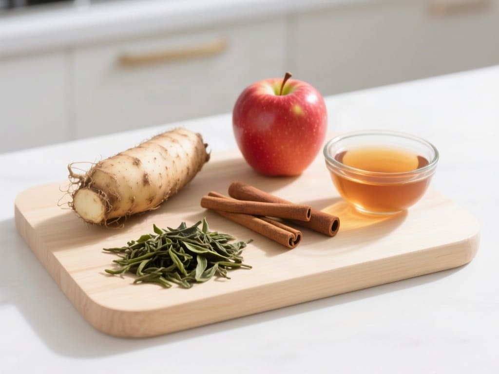 Green tea leaves, konjac root, cinnamon sticks, an apple and a bowl of vinegar on a wooden board