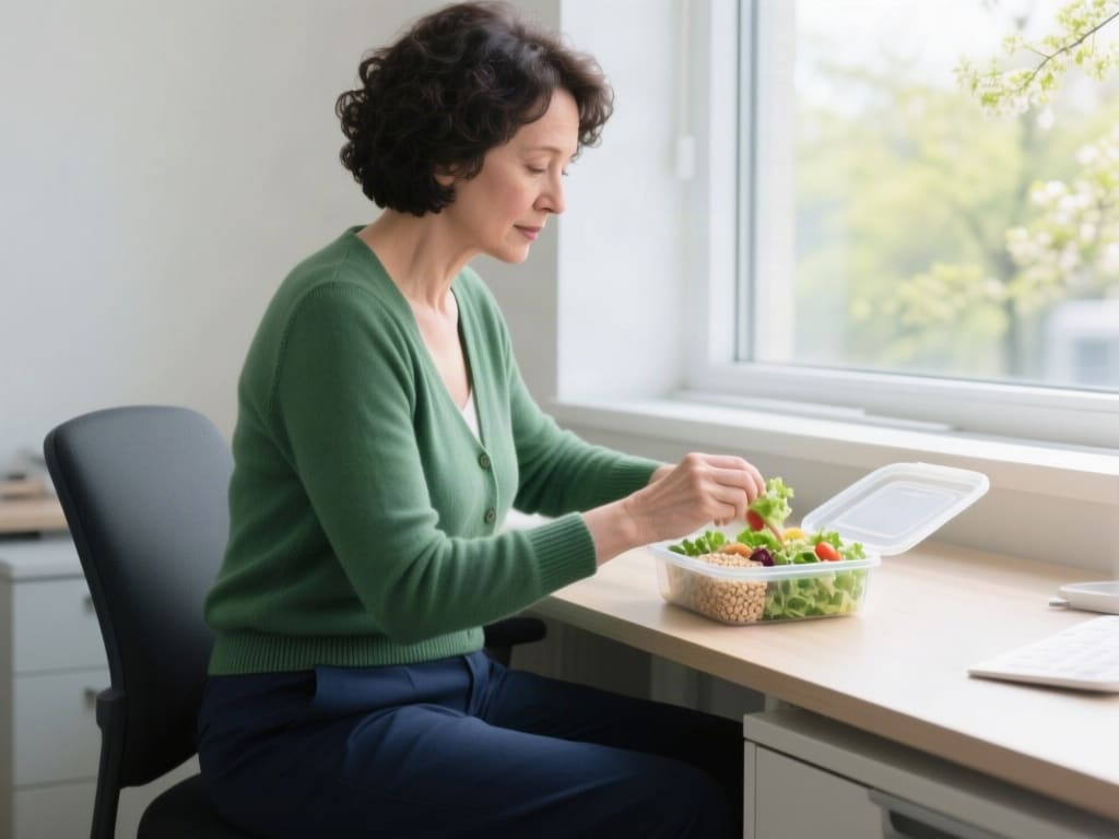 A woman opening a packed lunch at her desk at midday