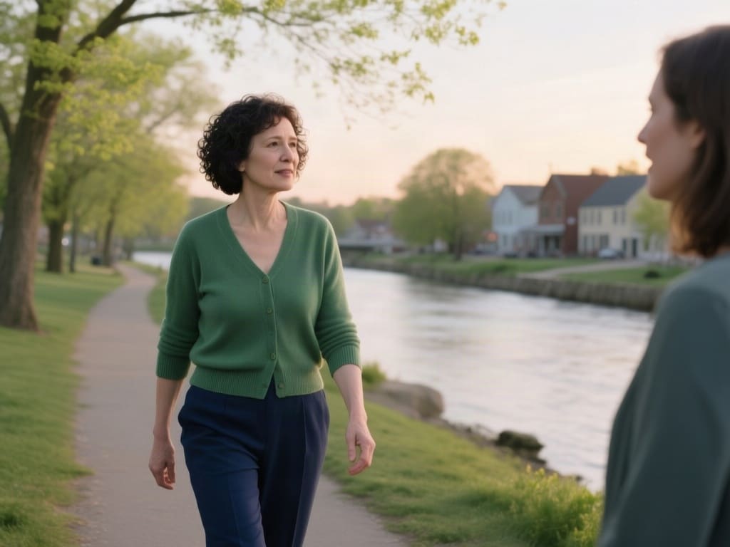 Two women walking along a riverside path in the early evening