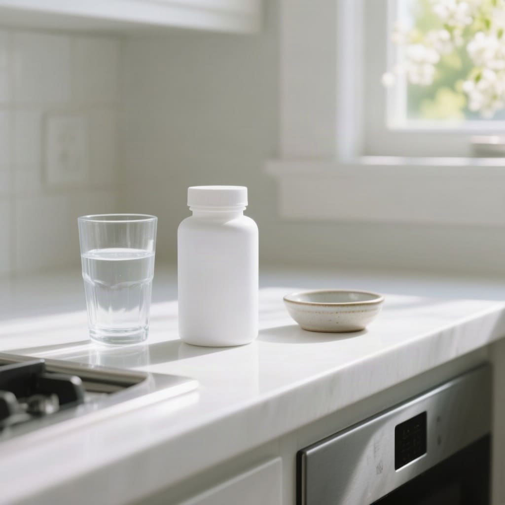 A plain unlabeled bottle next to a glass of water on a kitchen counter